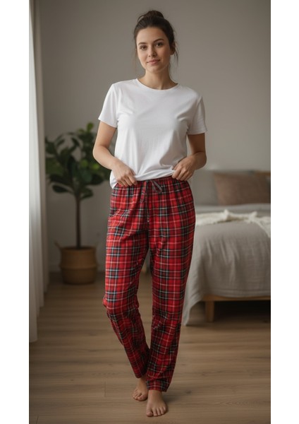 Ekose Desenli Süet Kadın Pijama Altı