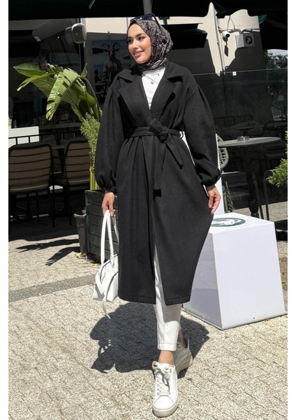 Kadın Balon Kol Astarsız Tesettür Kaban-Siyah