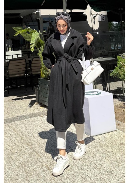 Kadın Balon Kol Astarsız Tesettür Kaban-Siyah