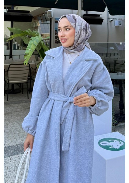 Kadın Balon Kol Astarsız Tesettür Kaban-Gri