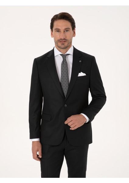 Erkek Siyah Slim Fit Yün Karışımlı Mikro Desenli Klasik Ceket 50310061-VR046