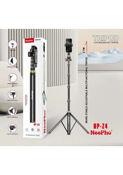 Taşıma Çantalı Uzaktan Kumandalı 215 cm Tripod Telefon, Kamera ve Işık Uyumlu Selfie Çubuğu