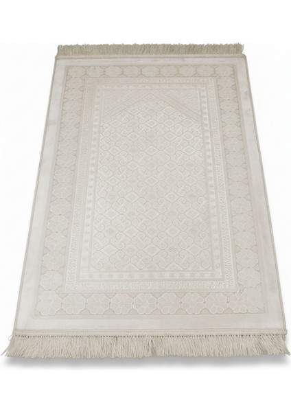 Kişiye Özel Nakış Işlemeli Saf Ipek Kadife Kumaştan Krem Rengi Hediyelik Seccade