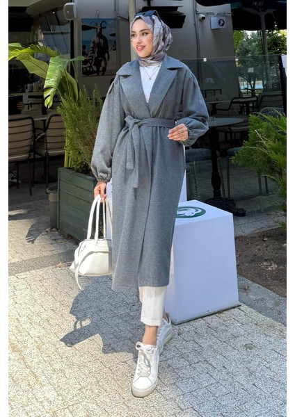 Kadın Balon Kol Astarsız Tesettür Kaban-Füme