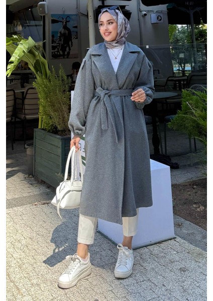 Kadın Balon Kol Astarsız Tesettür Kaban-Füme indirimleri