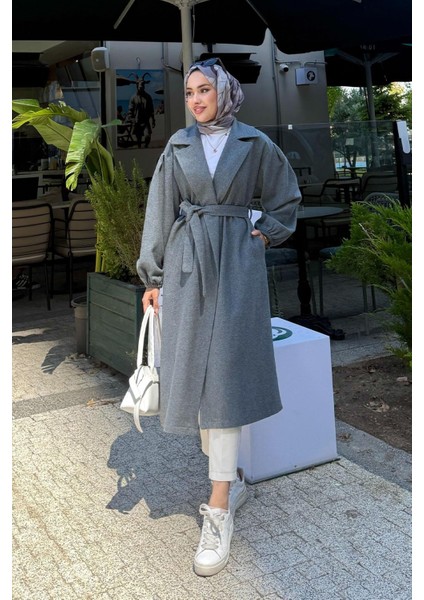 Kadın Balon Kol Astarsız Tesettür Kaban-Füme