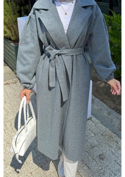 Kadın Balon Kol Astarsız Tesettür Kaban-Füme