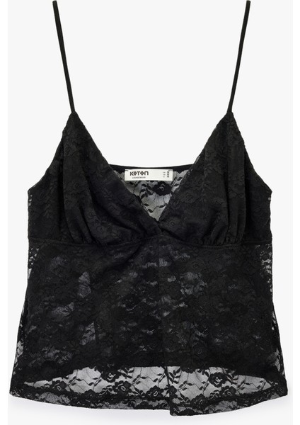 Derin V Yaka Ince Askılı Dantelli Pijama Üstü