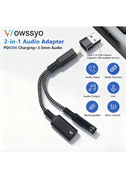 2'si 1 Arada Type-C To 3.5mm+60W Hızlı Şarj ve Kulaklık Çevirici+Usb Dönüştürücü Hi-fi Ses Ce Lisanslı Sertifikalı Hasır Örgülü Sağlam Kablo