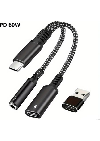 2'si 1 Arada Type-C To 3.5mm+60W Hızlı Şarj ve Kulaklık Çevirici+Usb Dönüştürücü Hi-fi Ses Ce Lisanslı Sertifikalı Hasır Örgülü Sağlam Kablo