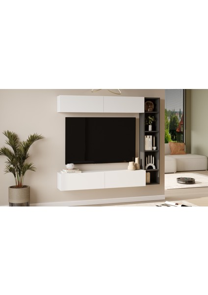 Nasser Tv Ünitesi Kitaplık Duvara Monte Beyaz-Antrasit Nas1-Wan modelleri