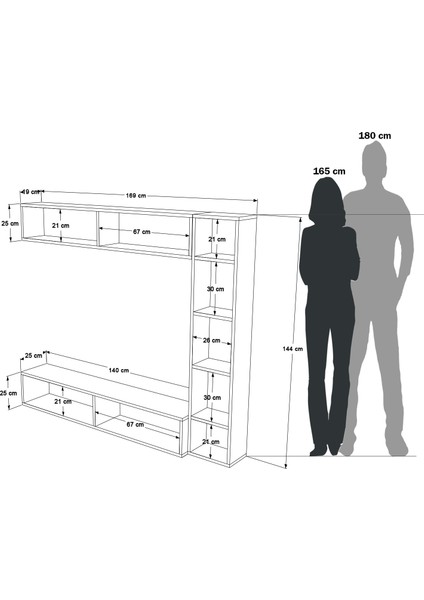 Nasser Tv Ünitesi Kitaplık Duvara Monte Beyaz-Antrasit Nas1-Wan