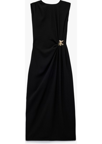 Bisiklet Yaka Yırtmaçlı Kolsuz Aksesuar Detaylı Midi Boy Kalem Elbise modelleri