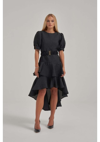 Balon Kol Katlı Jakar Kumaş Siyah Elbise
