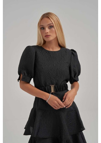 Balon Kol Katlı Jakar Kumaş Siyah Elbise fiyatları
