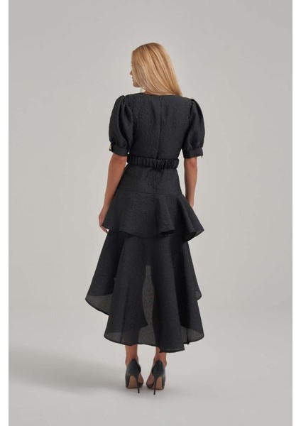 Balon Kol Katlı Jakar Kumaş Siyah Elbise modelleri