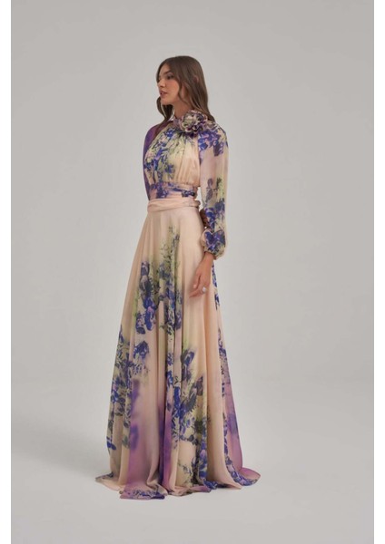 Özel Mor Desen Çiçek Motifli Şifon Elbise