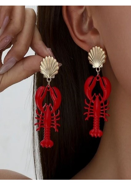 Şık Kırmızı Istakoz Küpe-Kc Altın Kaplama