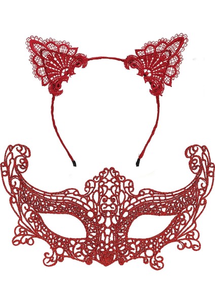 Romantik Kırmızı Dantel Maske Seti – Kedi Kulaklı Taç ve Maske 3 No modelleri
