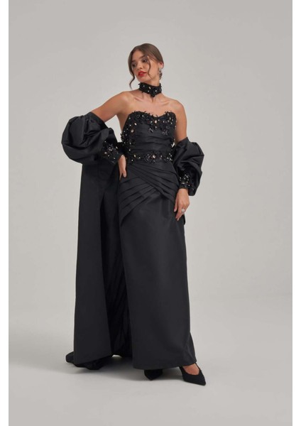 Taş ve Motif Işlemeli Kaplı Siyah Tafta Abiye