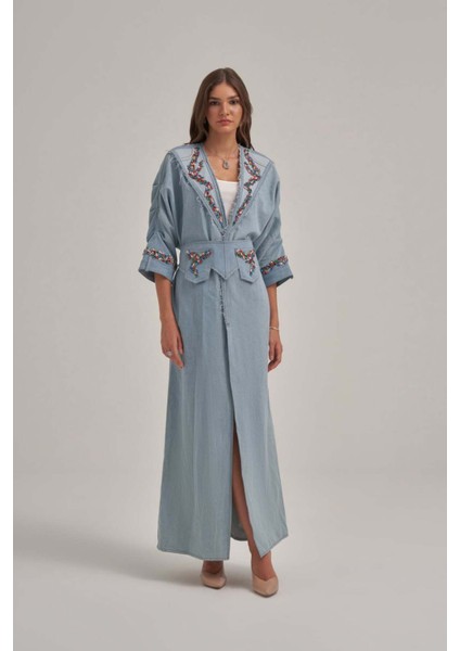 Kol Büzgülü Taş Işlemeli Kot Uzun Ceket