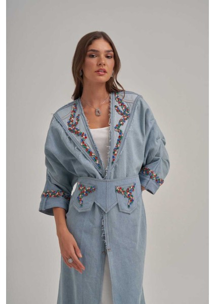 Kol Büzgülü Taş Işlemeli Kot Uzun Ceket fiyatları