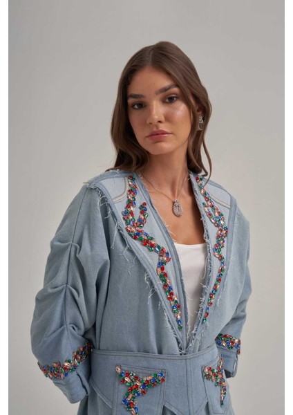 Kol Büzgülü Taş Işlemeli Kot Uzun Ceket modelleri