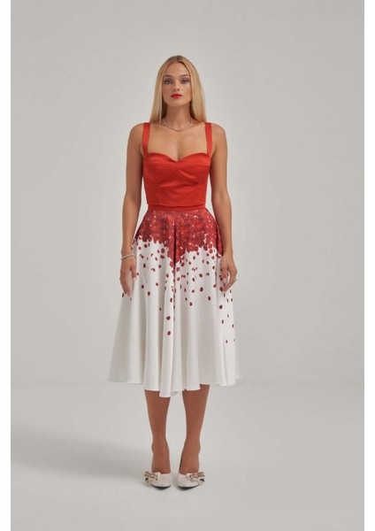 Askılı Saten Kısa Üst Desenli Balon Etek Takım