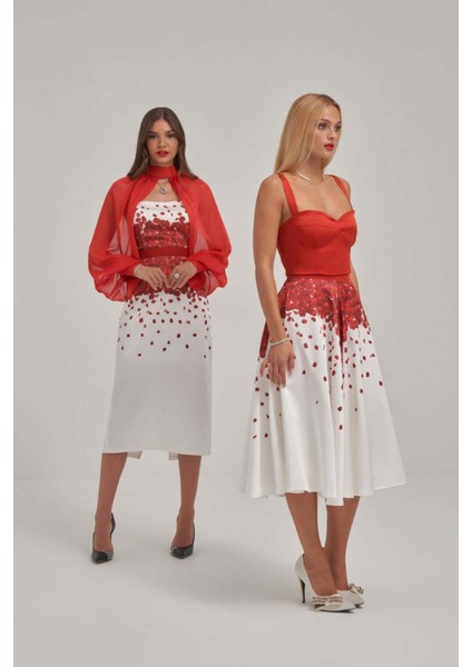 Askılı Saten Kısa Üst Desenli Balon Etek Takım fırsatları