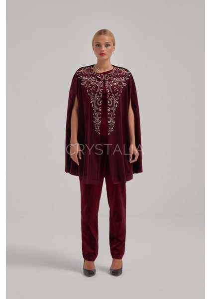 Pelerinli Taş Nakış Işlemeli Bordo Kadife Takım
