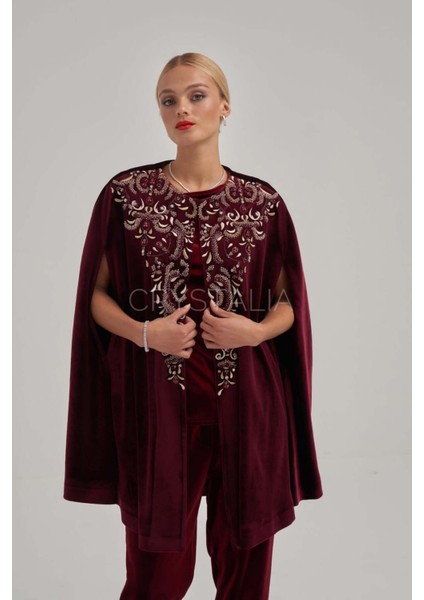 Pelerinli Taş Nakış Işlemeli Bordo Kadife Takım fiyatları