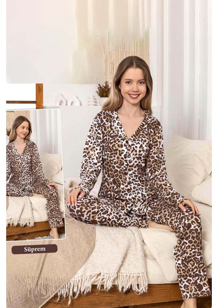 Kadın Leopar Desen Düğmeli Suprem Pijama Takımı 0397 Kahverengi modelleri