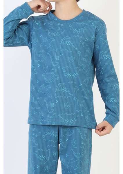 Erkek Çocuk Dinozor Desenli %100 Pamuk Fitilli Interlok Manşetli Pijama Takımı modelleri