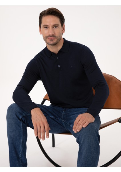 Erkek Lacivert Regular Fit Yün Karışımlı Polo Yaka Basic Triko Kazak 50318855-VR033