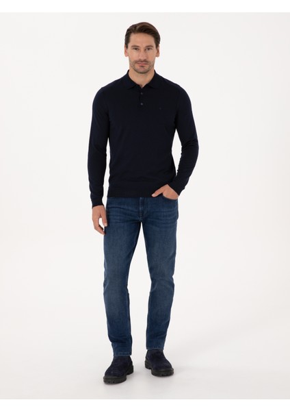 Erkek Lacivert Regular Fit Yün Karışımlı Polo Yaka Basic Triko Kazak 50318855-VR033 fırsatları