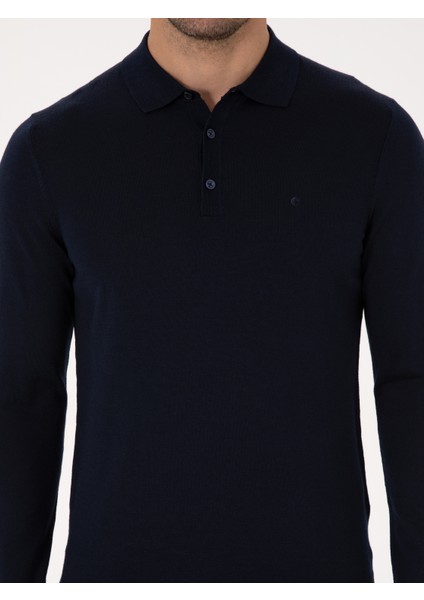 Erkek Lacivert Regular Fit Yün Karışımlı Polo Yaka Basic Triko Kazak 50318855-VR033