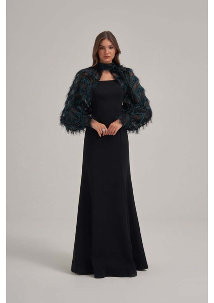 Halter Yaka Otriş Desenli Çıkarılabilir Üst Detaylı Askılı Uzun Elbise