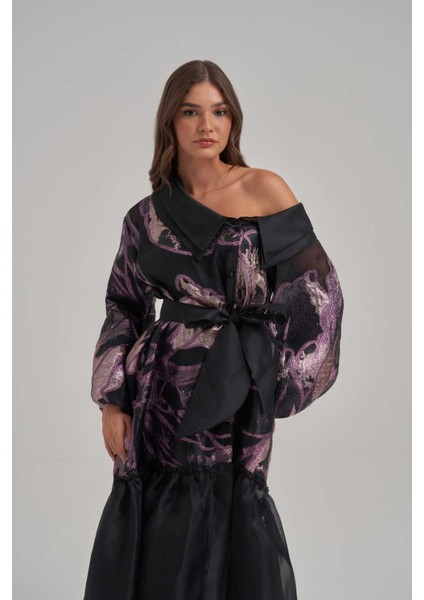 Işıltılı Gece Moru Omuz Dekolteli Organze Uzun Elbise fiyatları