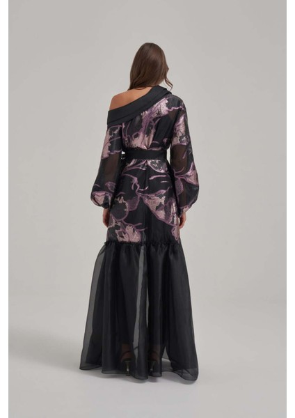 Işıltılı Gece Moru Omuz Dekolteli Organze Uzun Elbise modelleri