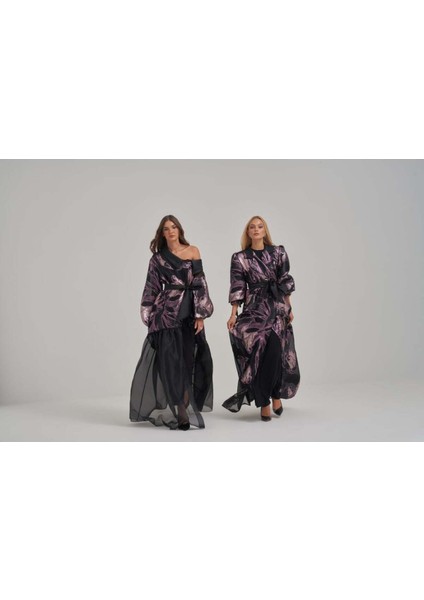 Işıltılı Gece Moru Omuz Dekolteli Organze Uzun Elbise fırsatları