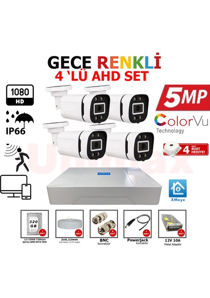 5MP SONY LENS 4 Kameralı Güvenlik Seti | 100m Kablo | 30m Gece renkli Görüş | XMeye