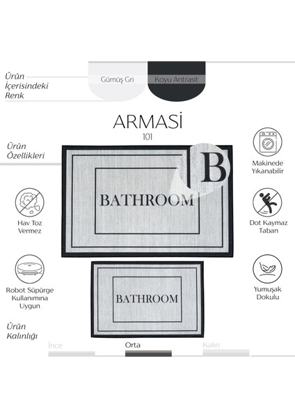 Armasi Gri Banyo Paspası Dijital Baskı Su Emici Yıkanan Kaymaz Taban 2li Banyo Halısı 40x60 60x100 fiyatları