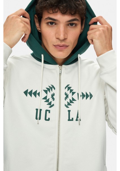 Spencer Kemik Rengi Kapüşonlu Baskılı Fermuarlı Standard Fit Erkek Sweatshirt fiyatları