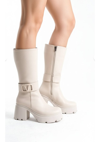 Moki Premium Bej V Detaylı Yüksek Rahat Topuklu Kısa Çizme