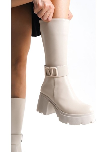 Moki Premium Bej V Detaylı Yüksek Rahat Topuklu Kısa Çizme modelleri