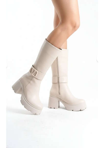 Moki Premium Bej V Detaylı Yüksek Rahat Topuklu Kısa Çizme indirimleri