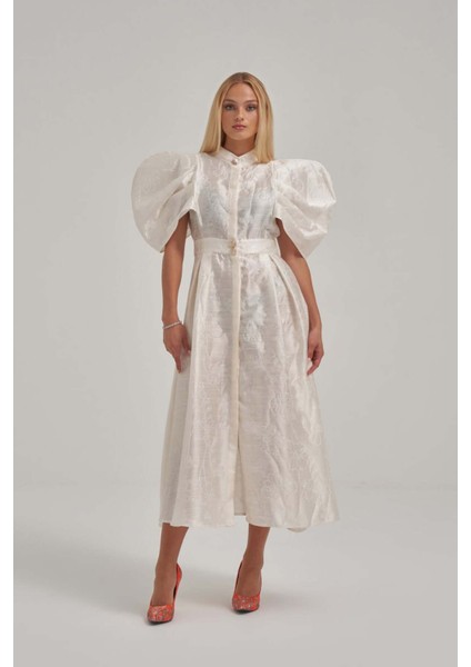 Desenli Özel Kumaş Balon ve Vatka Görünümlü Midi Elbise