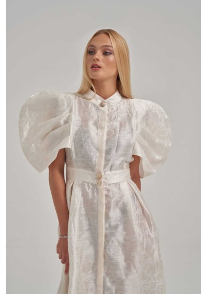 Desenli Özel Kumaş Balon ve Vatka Görünümlü Midi Elbise fiyatları