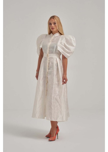 Desenli Özel Kumaş Balon ve Vatka Görünümlü Midi Elbise modelleri