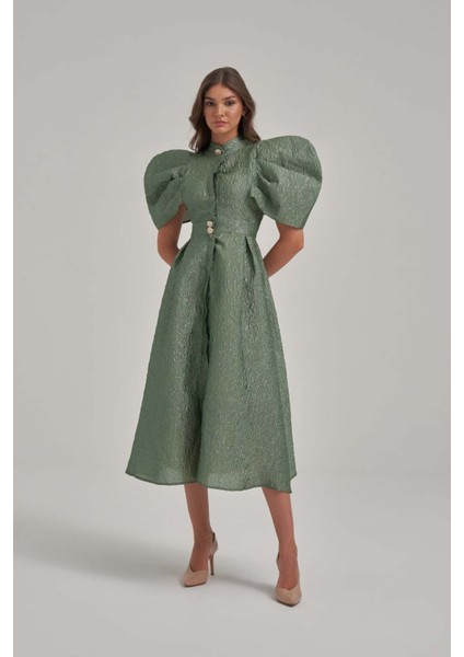 Desenli Özel Kumaş Balon ve Vatka Görünümlü Midi Elbise indirimleri